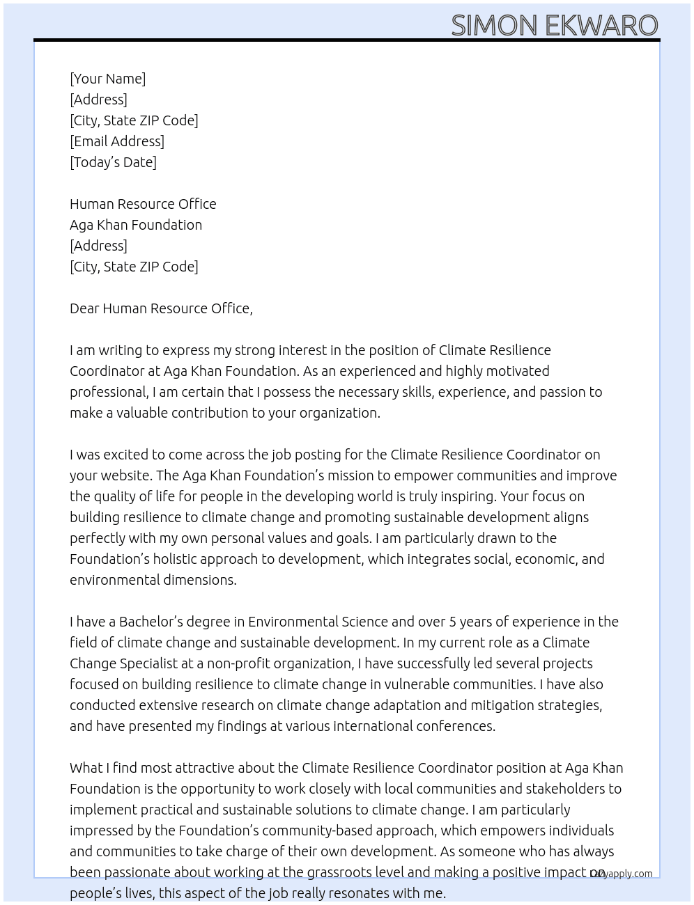 Climate Resilience Coordinator  At Aga Khan Foundation Cover Letter