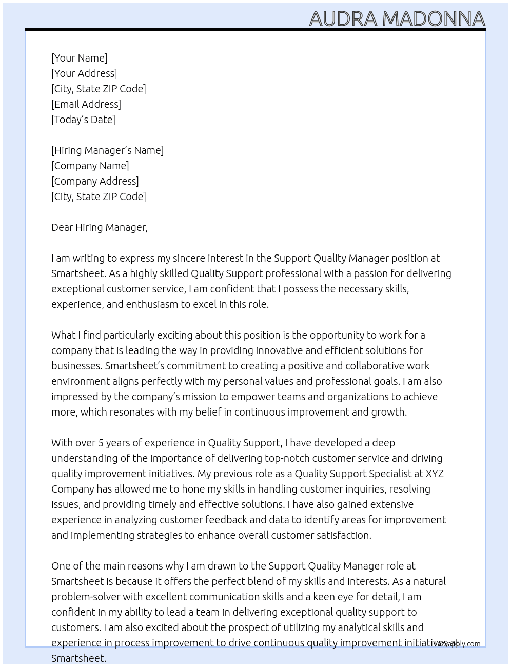 Support Quality Manager At Smartsheet Cover Letter