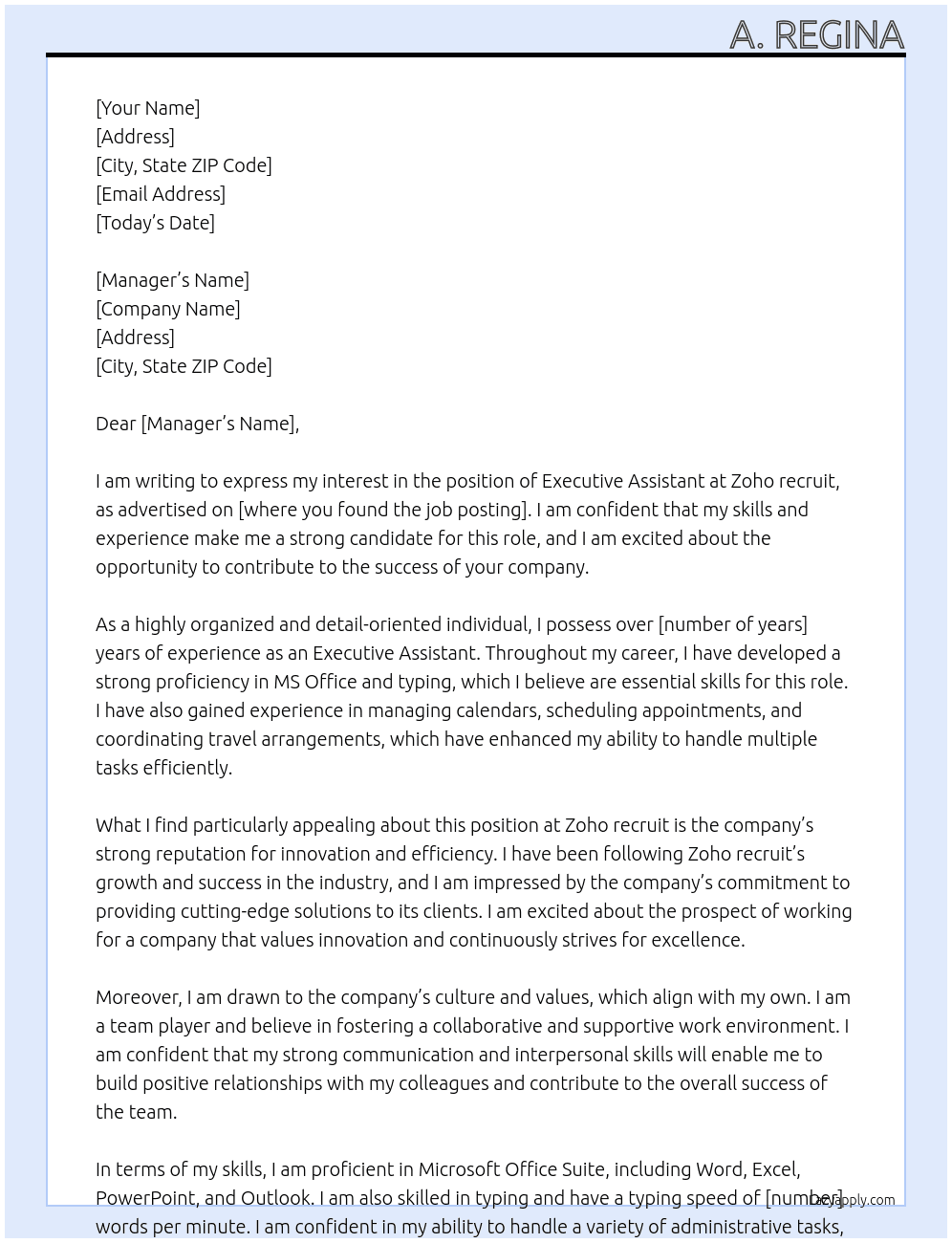 Executive assistant At Zoho recruit Cover Letter