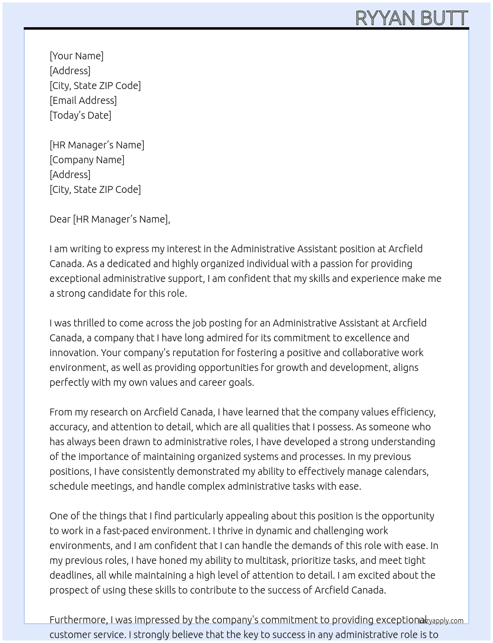 Administrative Assistant At Arcfield Canada Cover Letter