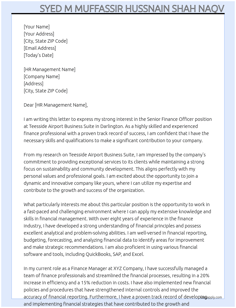 senior finance officer At Teesside Airport Business Suite, Darlington Cover Letter