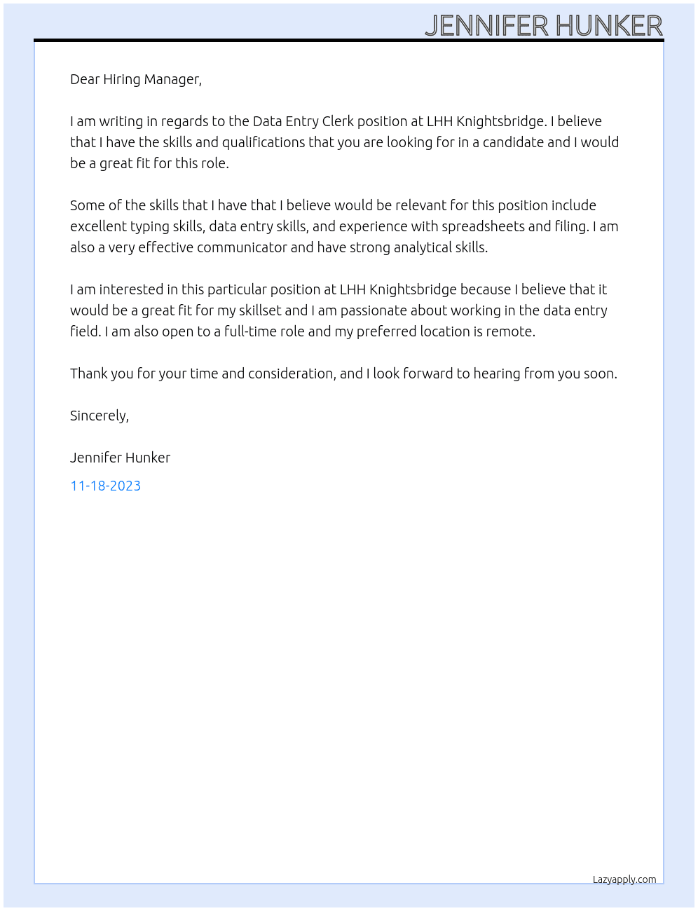 Data Entry Clerk At LHH Knightsbridge Cover Letter