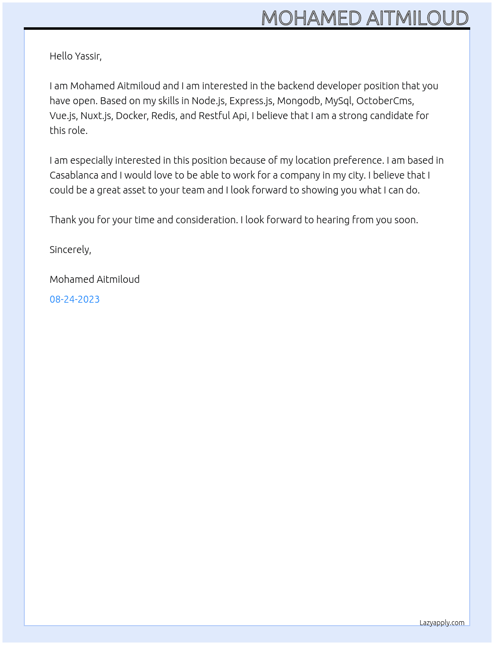 Backend Developer At Yassir Cover Letter