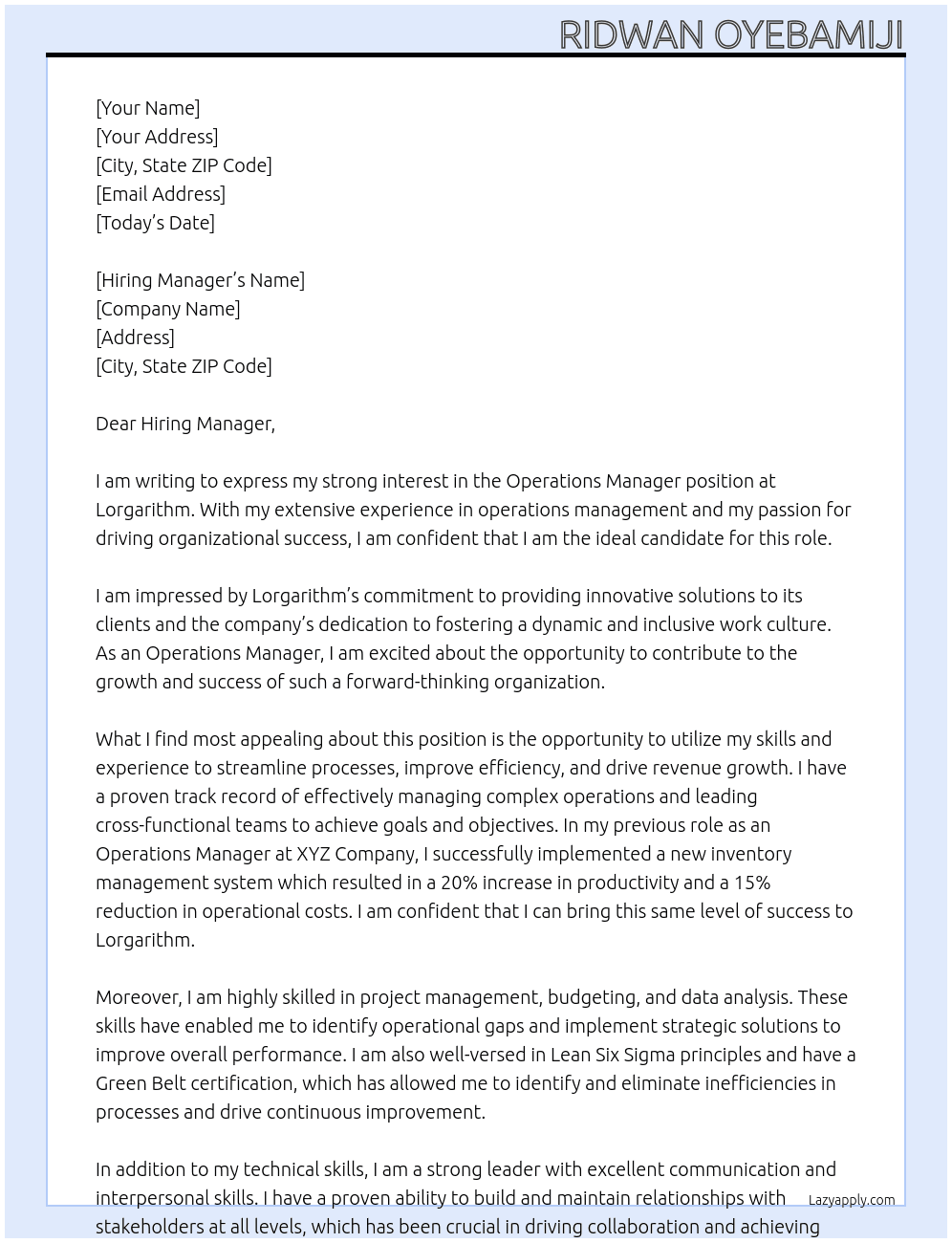 Operations Manager  At Lorgarithm Cover Letter