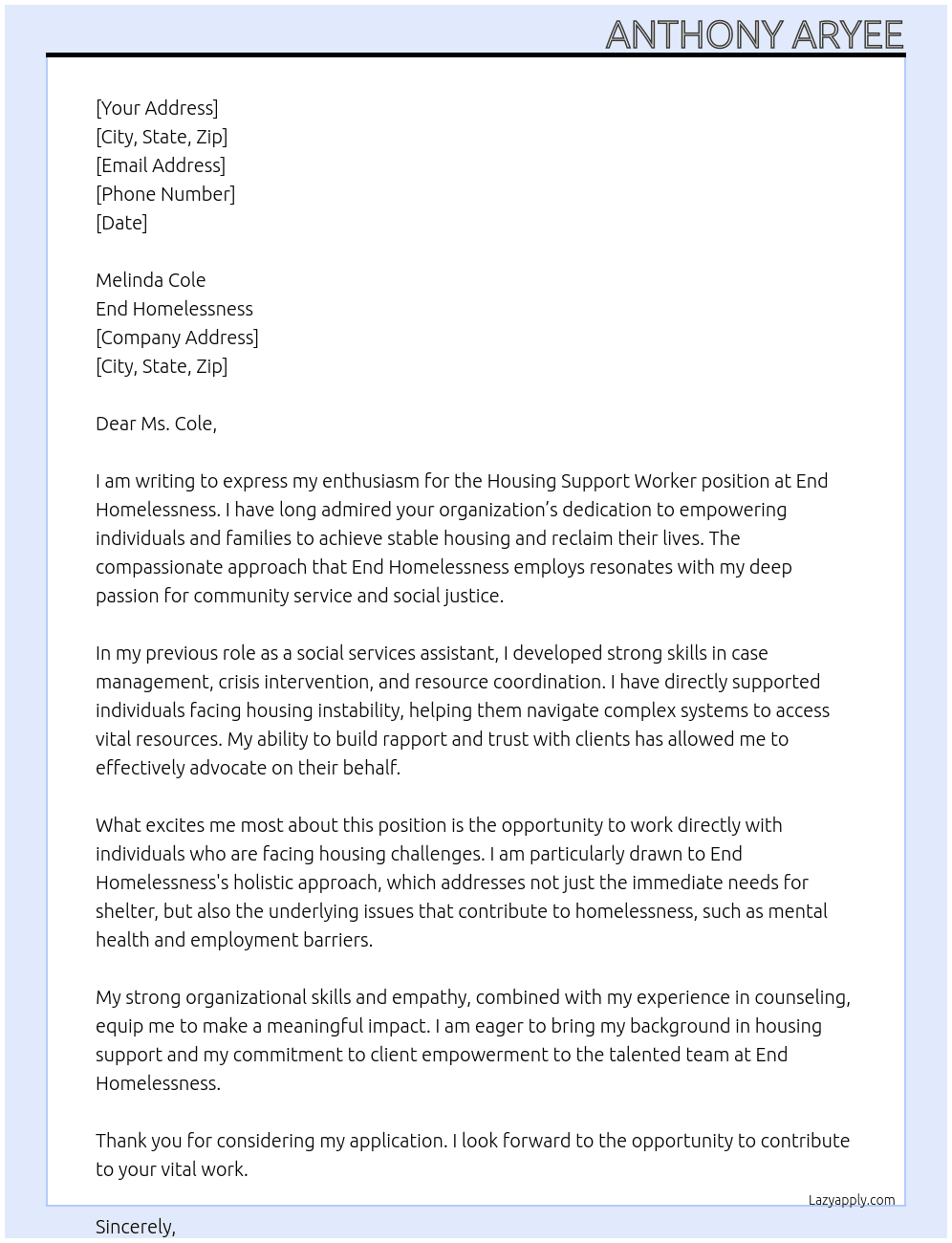 Housing Support Worker At End Homelessness Cover Letter