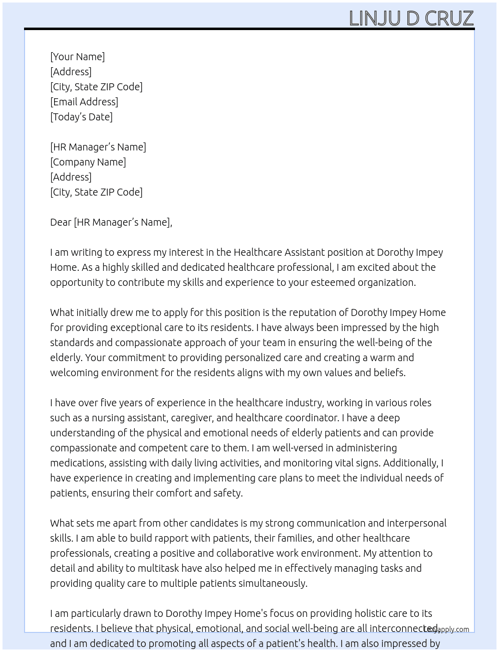 Healthcare Assistant At Dorothy Impey Home Cover Letter