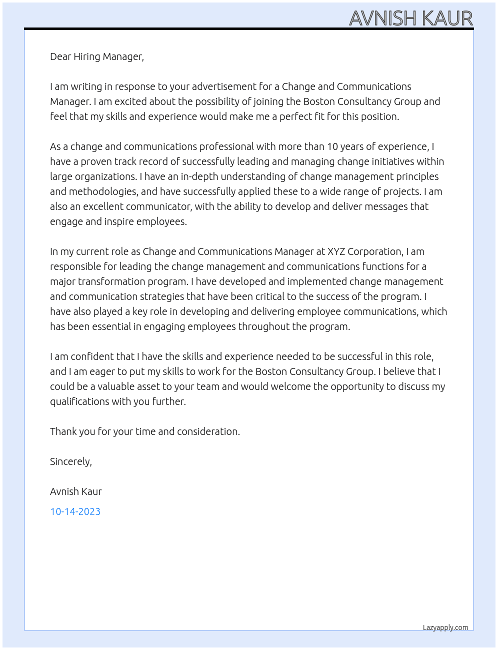 Change and Communications Manager At Boston Consultancy Group Cover Letter