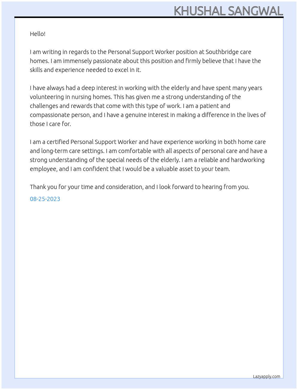 Personal support worker At Southbridge care homes Cover Letter