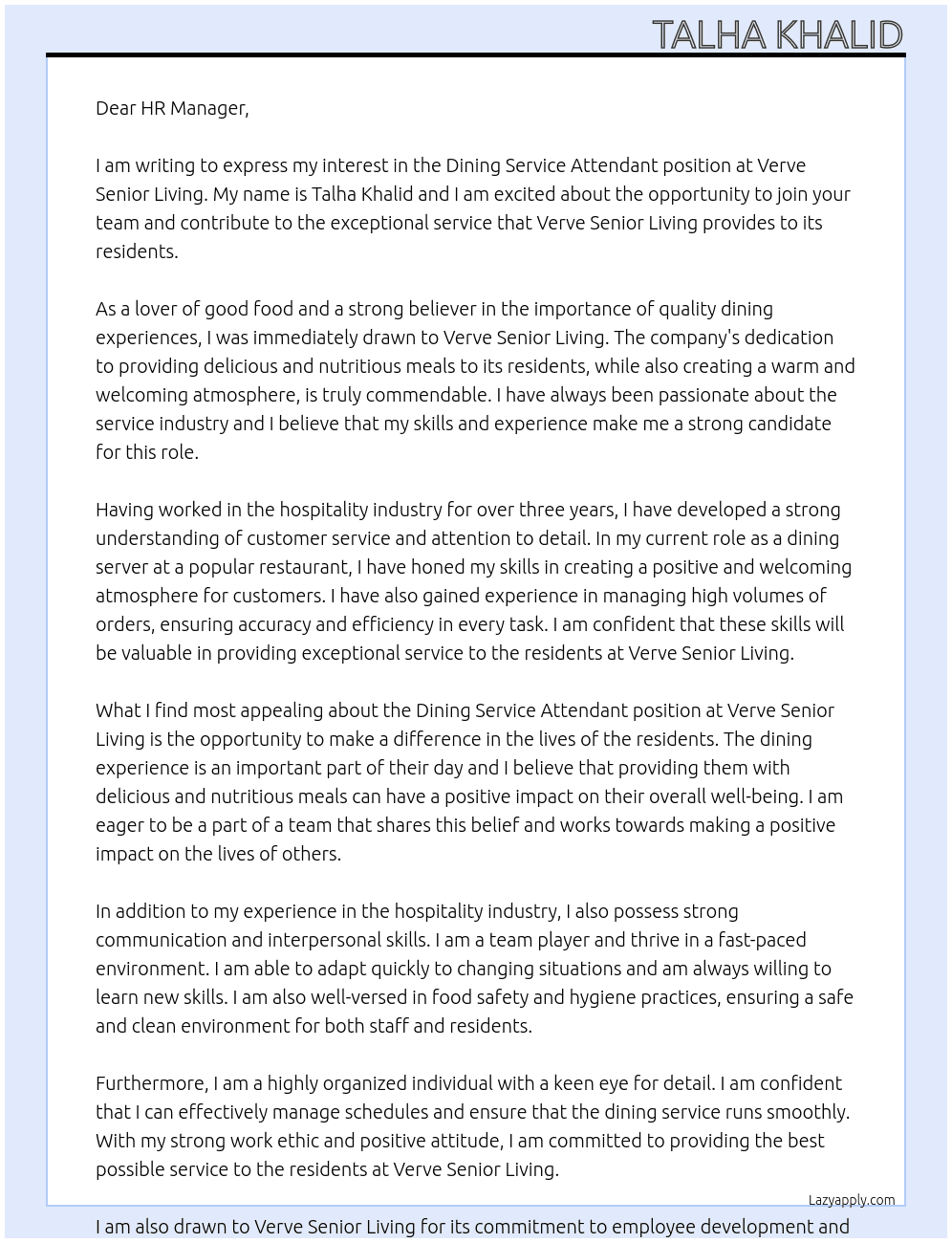 dining service attendant At verve senior living Cover Letter