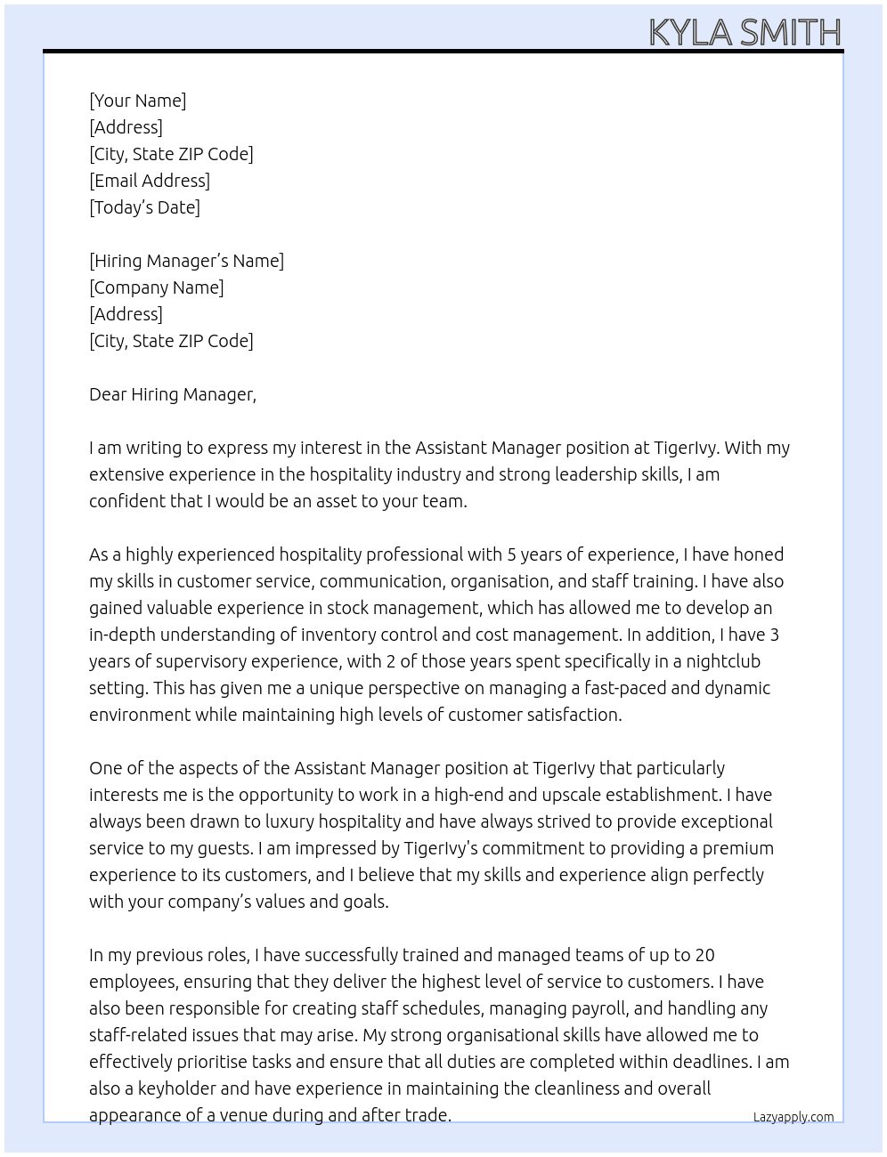 Assistant Manager  At TigerIvy Cover Letter