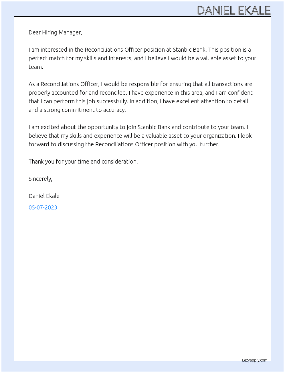Reconcilliations Officer At Stanbic Bank Cover Letter