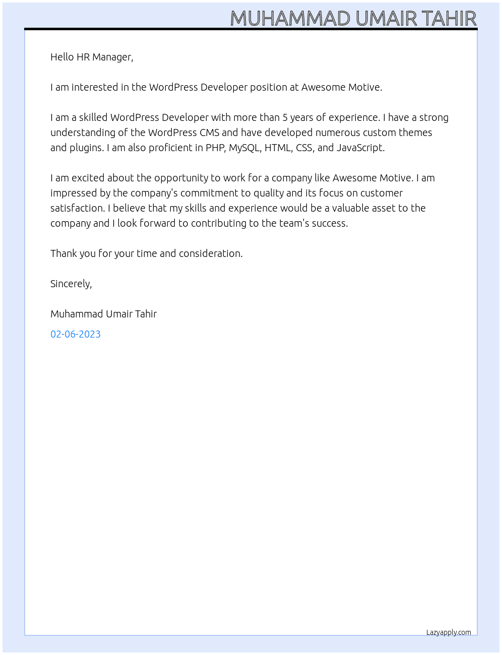 WordPress Developer At Awesome Motive Cover Letter