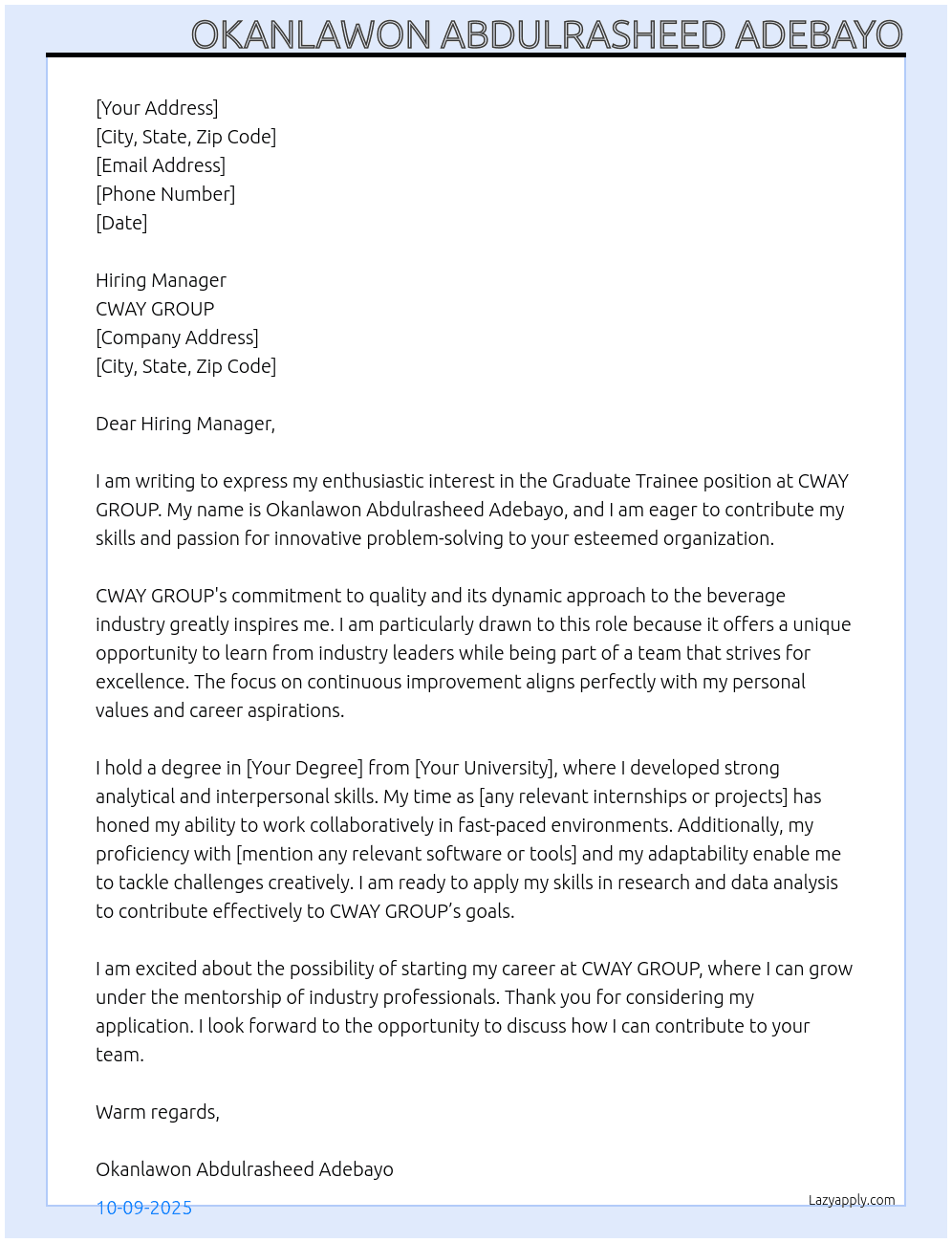 GRADUATE TRAINEE At CWAY GROUP Cover Letter