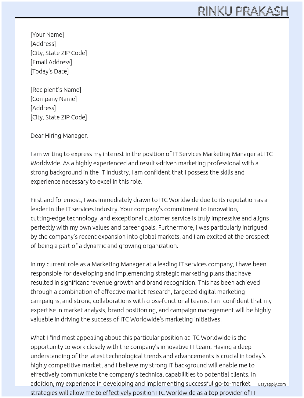 IT Services Marketing Manager At ITC Worldwide Cover Letter