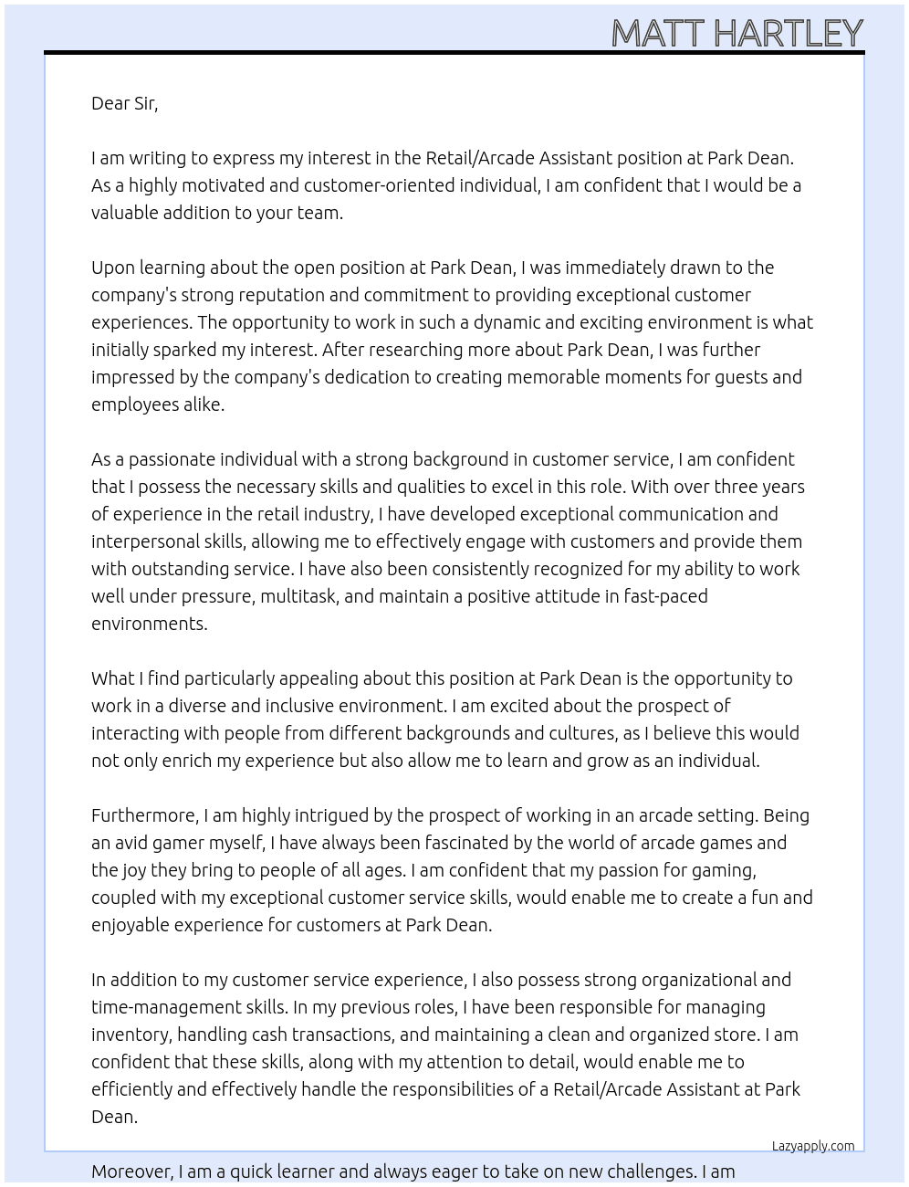 Cover letter for retail/arcade assistant - LazyApply