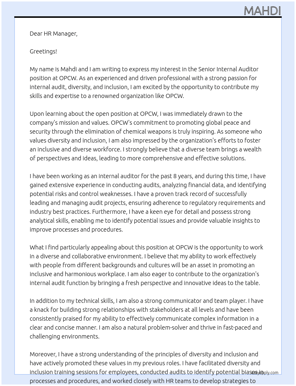 Senior internal auditor At OPCW Cover Letter
