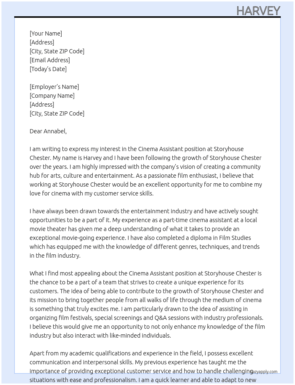 Cinema Assustant At Storyhouse Chester Cover Letter