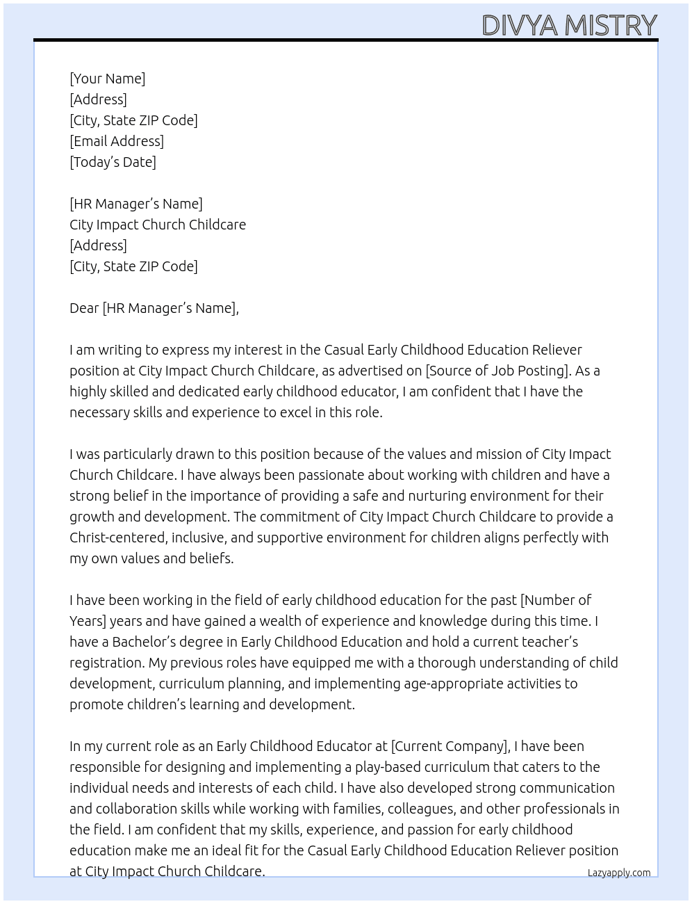 Casual Early Childhood Education Reliever At City Impact Church childcare Cover Letter