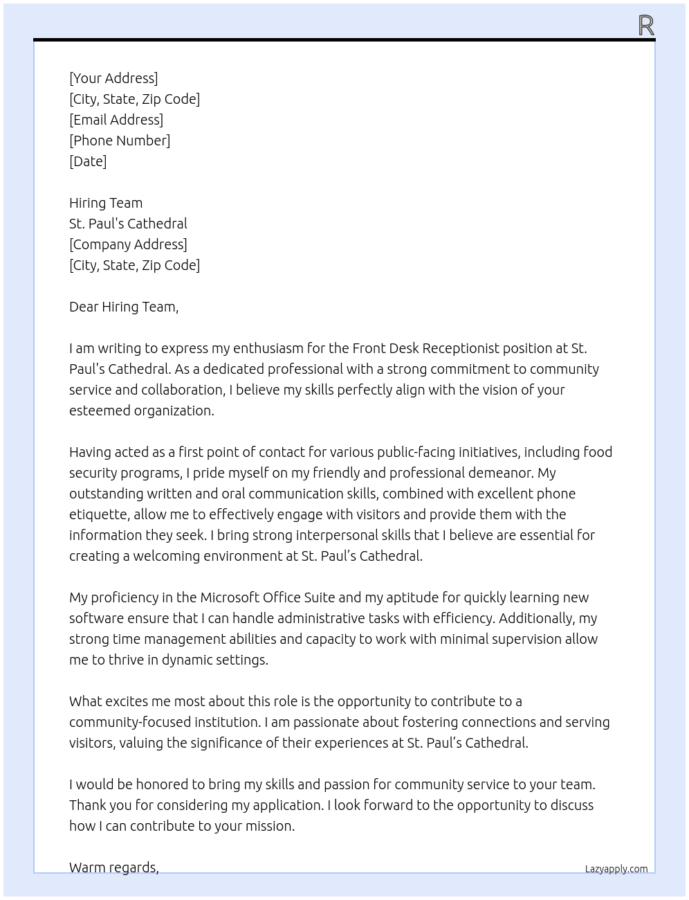 Front Desk Receptionist At St. Paul's Cathedral Cover Letter