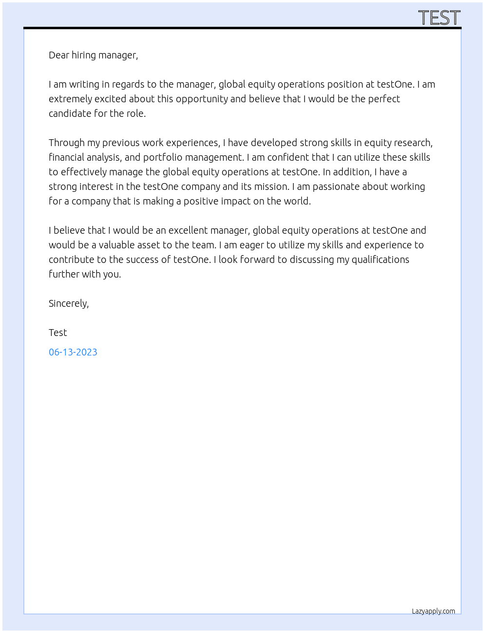 manager, global equity operations At testOne Cover Letter