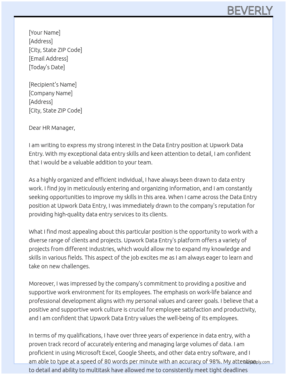Data Entry At Upwork Data Entry Cover Letter