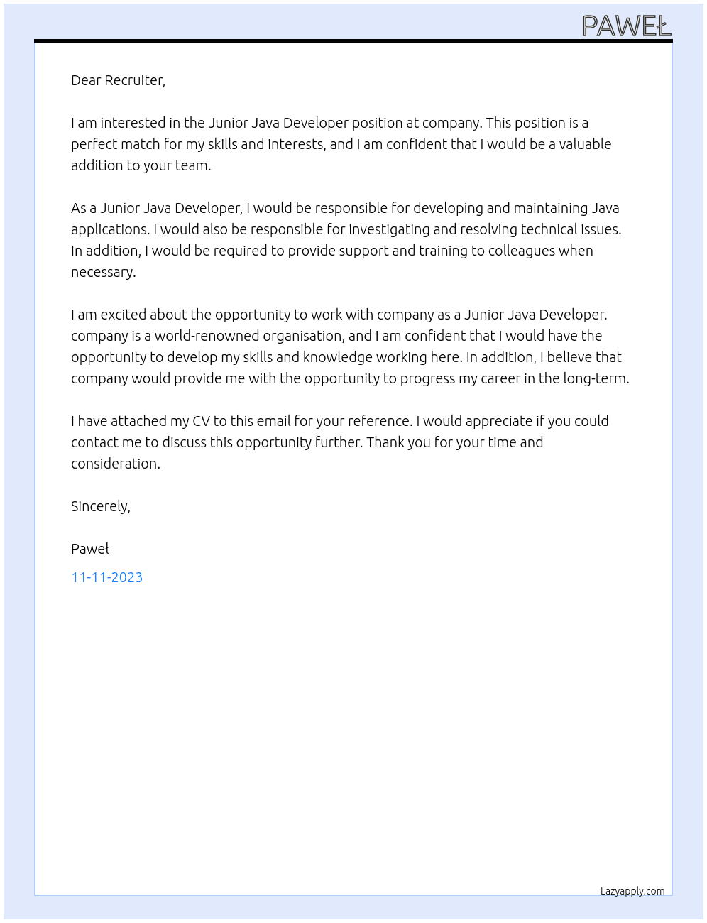 Junior Java Developer At company Cover Letter