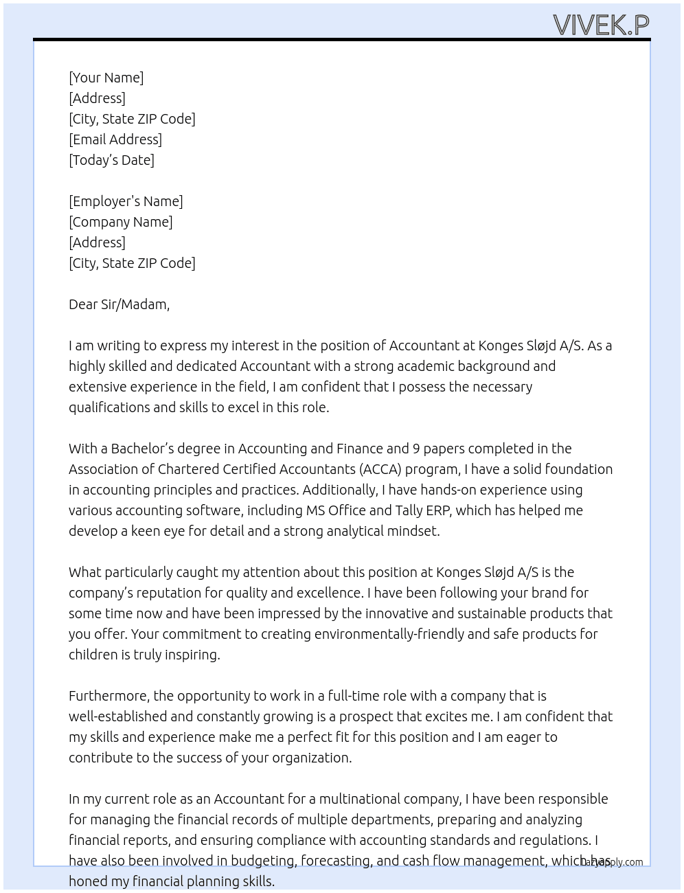 Accountant  At Konges Sløjd A/S Cover Letter