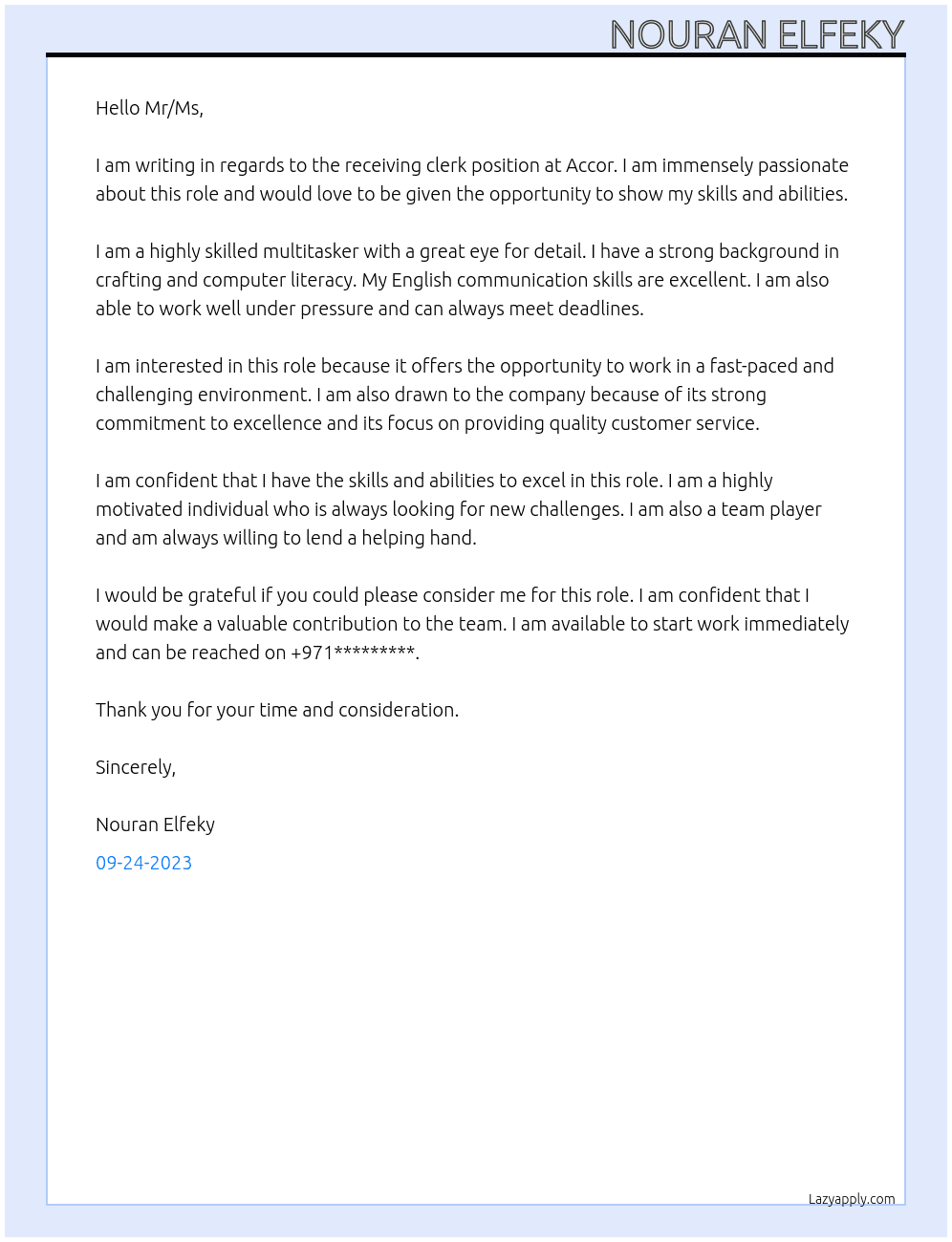 Receiving Clerk At Accor Cover Letter