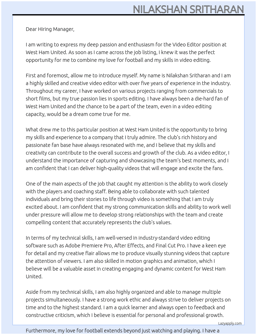 Video Editor At West Ham United Cover Letter