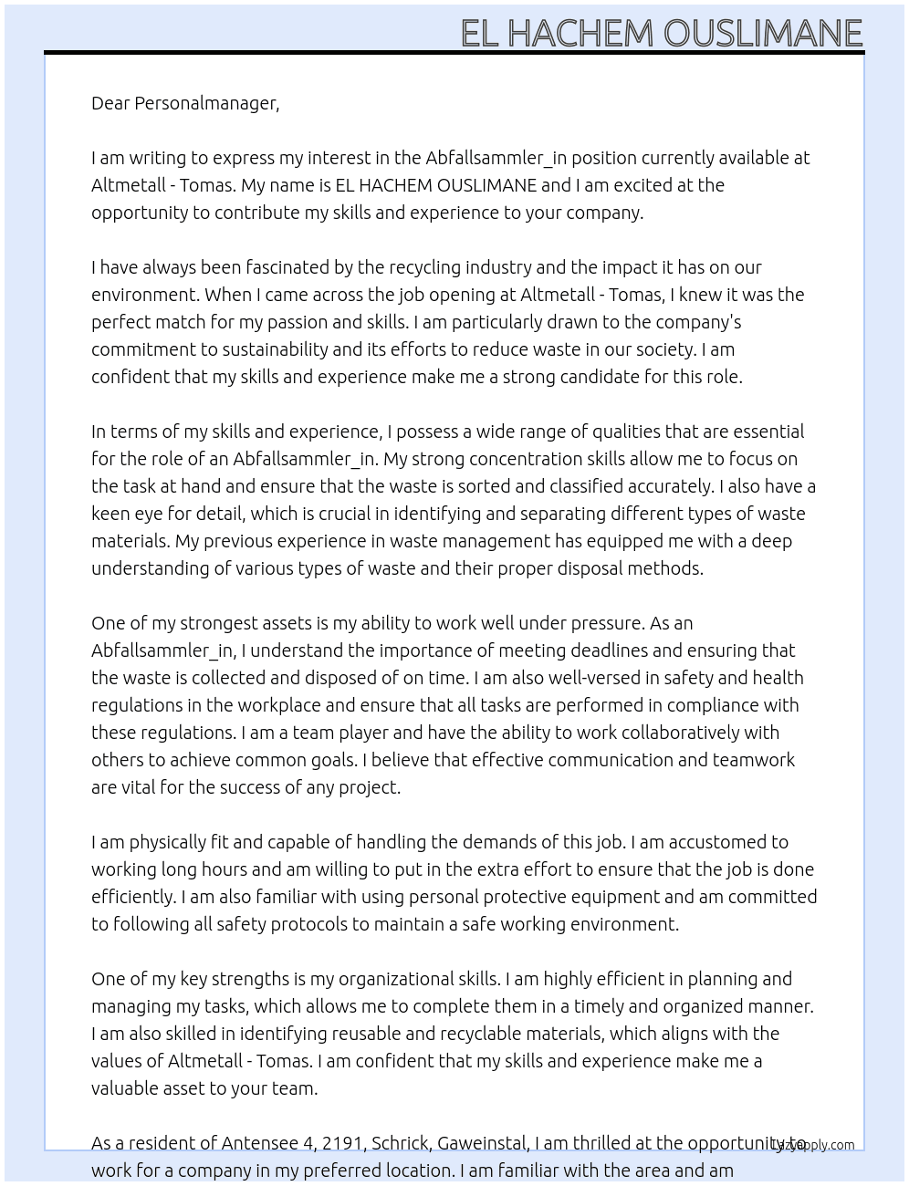 Abfallsammler_in At Altmetall - Tomas Cover Letter