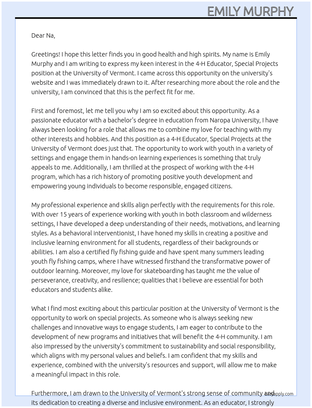 4-H Educator, Special Projects  At University of Vermont  Cover Letter