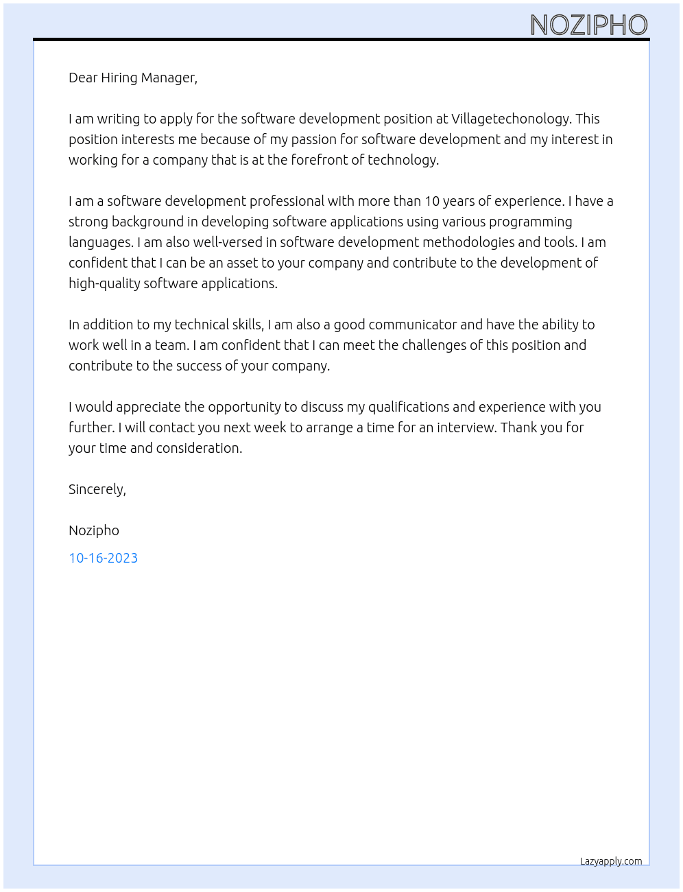 software development At Villagetechonology Cover Letter