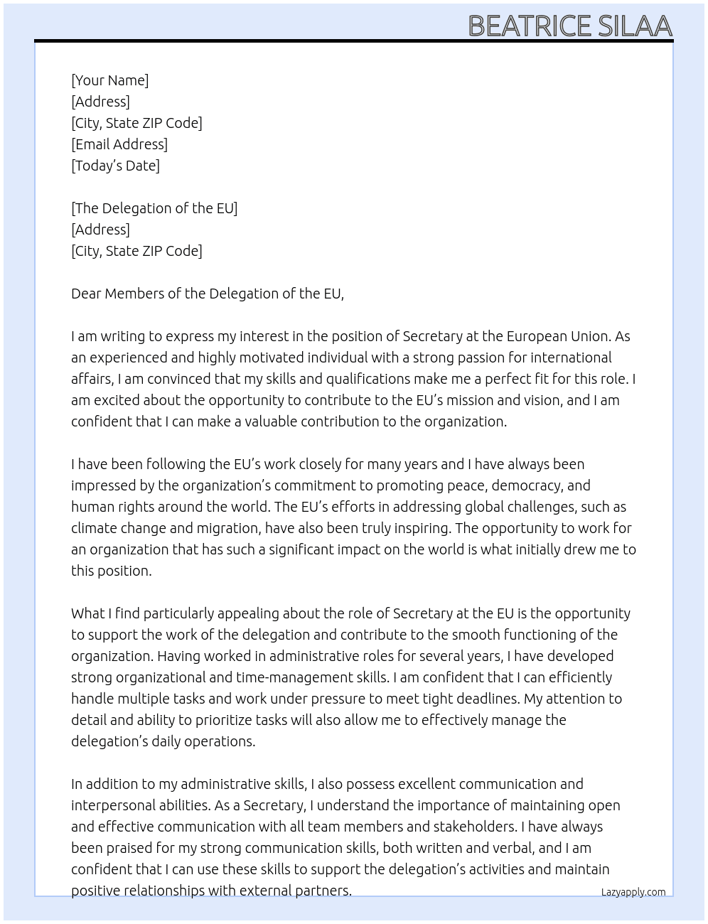 secretary  At EUROPEAN UNION Cover Letter