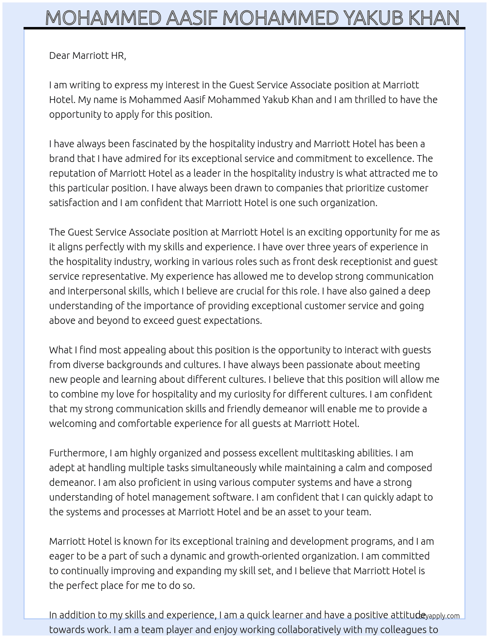 Guest service associate  At Marriott hotel  Cover Letter