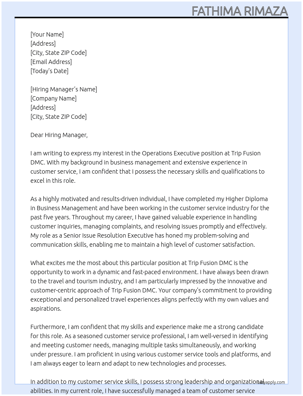OPERATIONS EXECUTIVES At Trip Fusion DMC Cover Letter