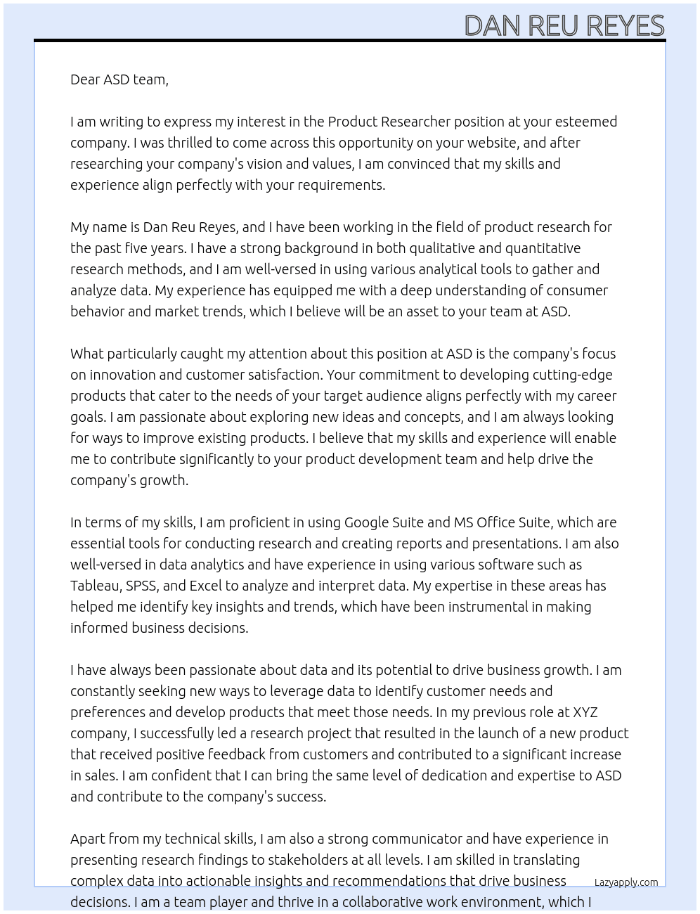 Product Researcher At asd Cover Letter