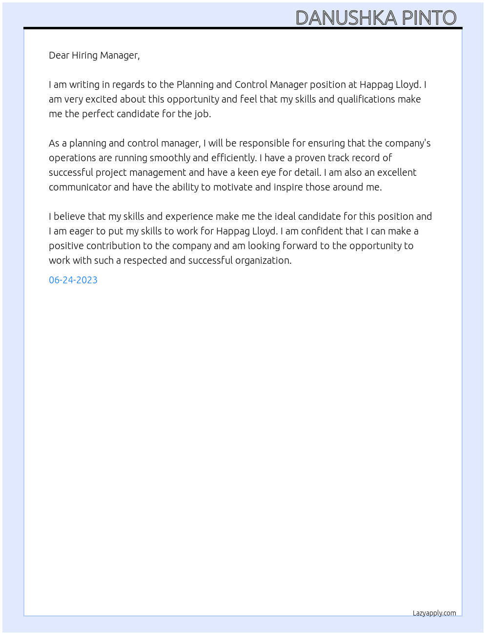 Planning and Control Manager  At Happag Lloyd  Cover Letter