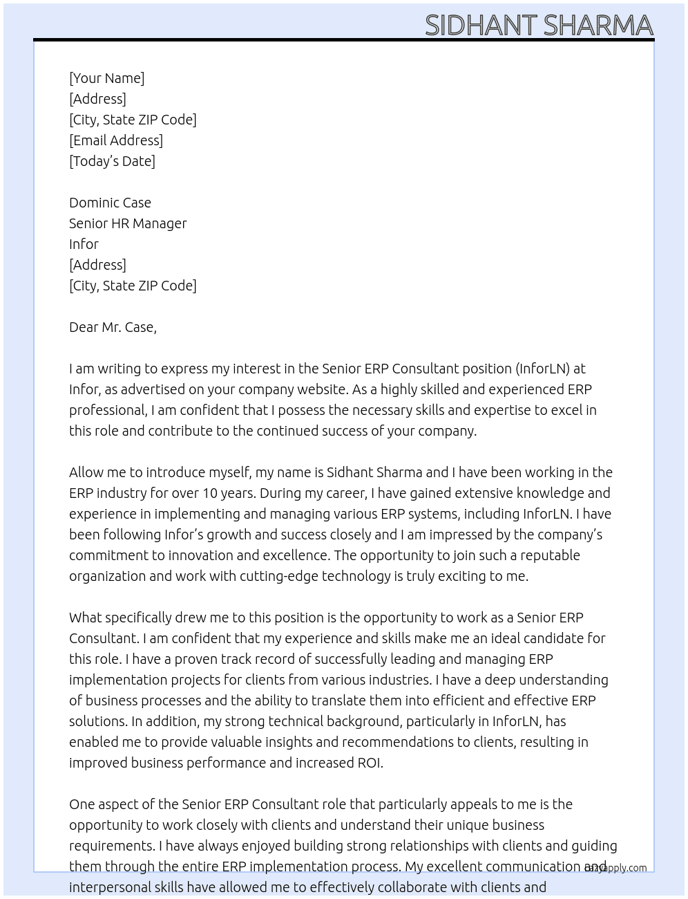 Senior ERP Consultant (InforLN) At Infor Cover Letter