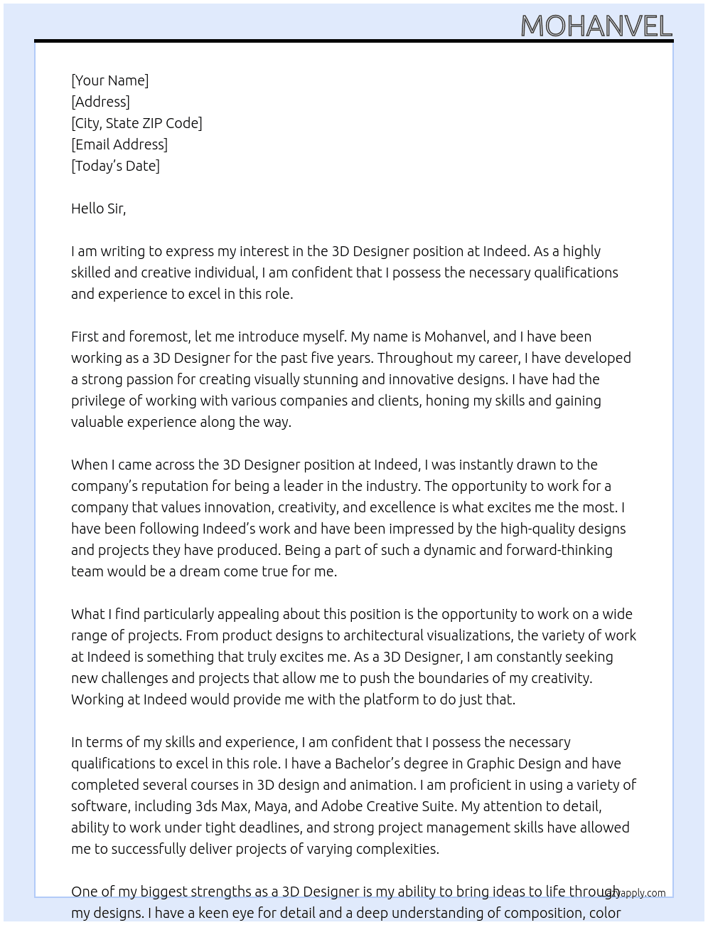 3d designer At Indeed Cover Letter