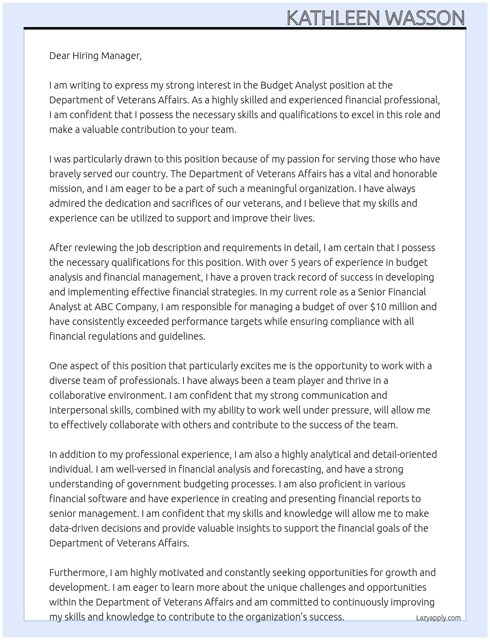 Budget Analyst At Department of Veterans Affair Cover Letter