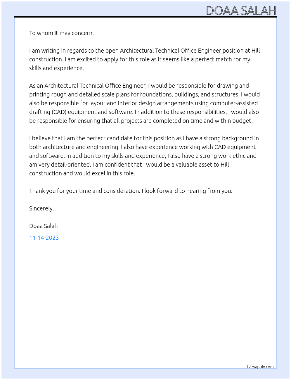 Architectural Technical Office Engineer  At Hill construction Cover Letter