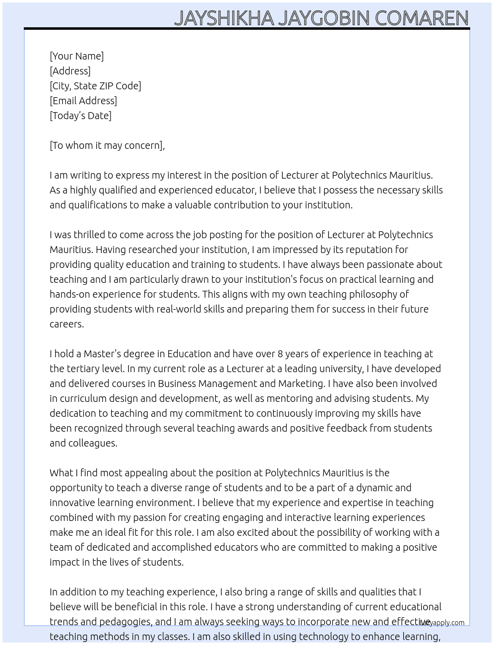lecturer At Polytechnics Mauritius Cover Letter