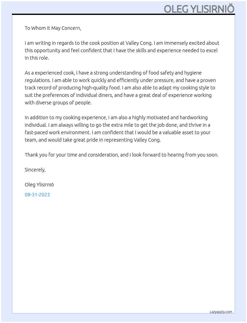 Cook At Valley Cong Cover Letter