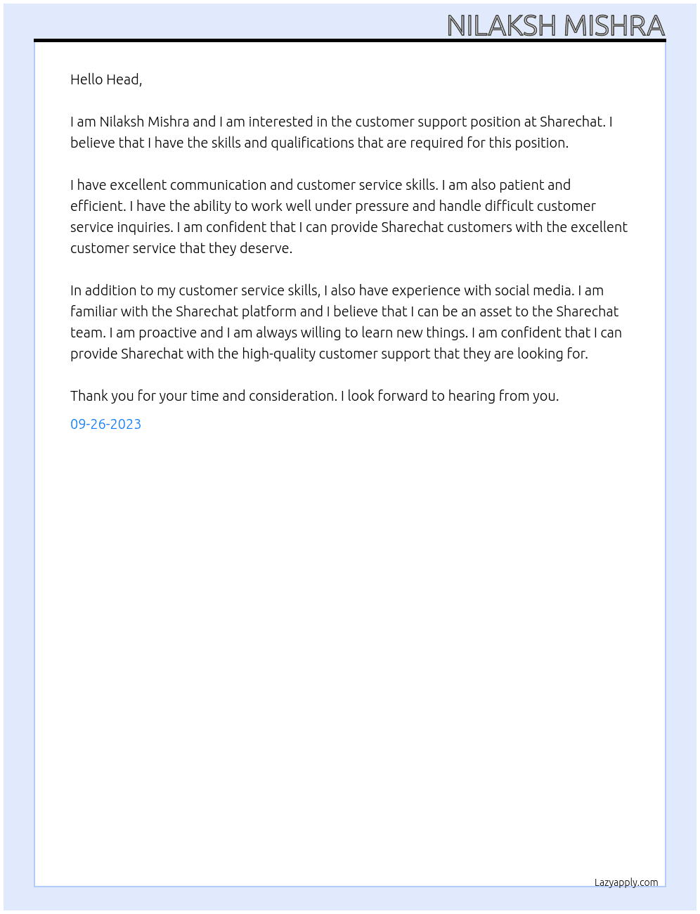 Customer support  At Sharechat Cover Letter