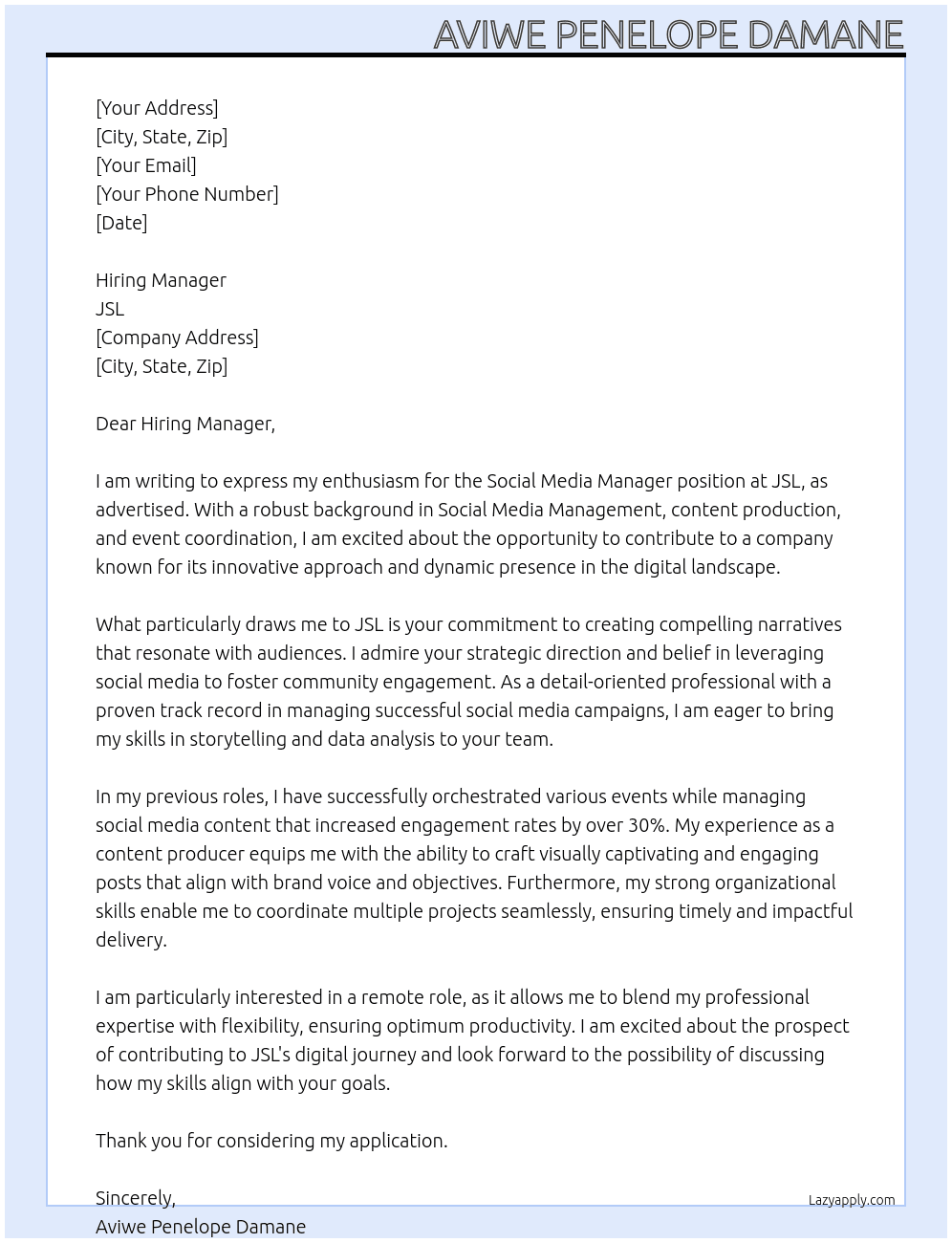 Social Media Manager At JSL Cover Letter