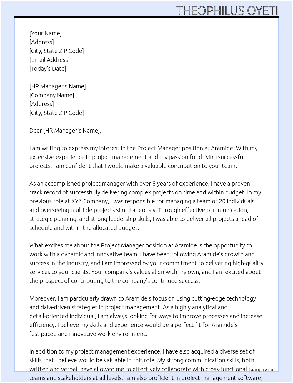Project manager At Aramide Cover Letter