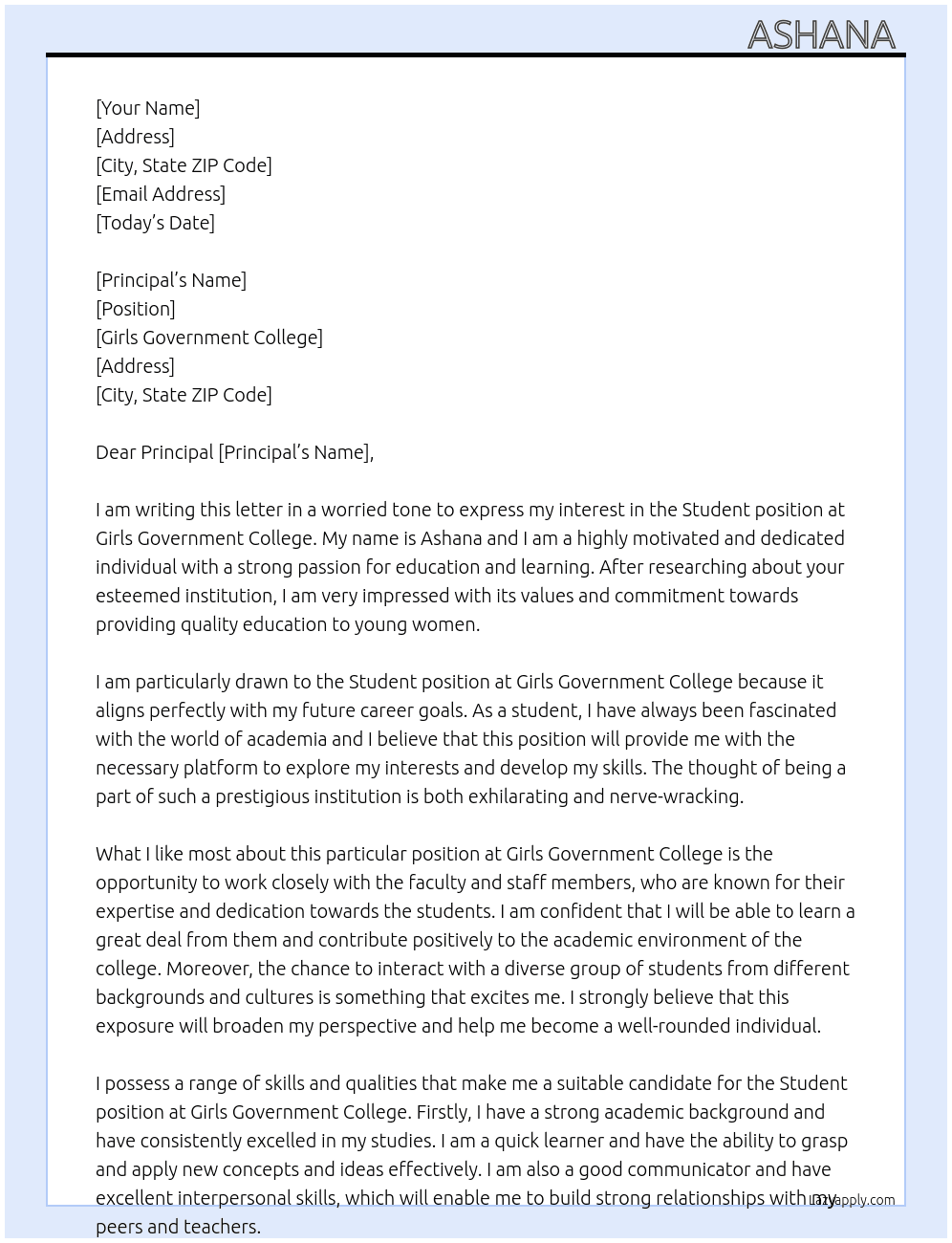Student  At Girls goverment college  Cover Letter