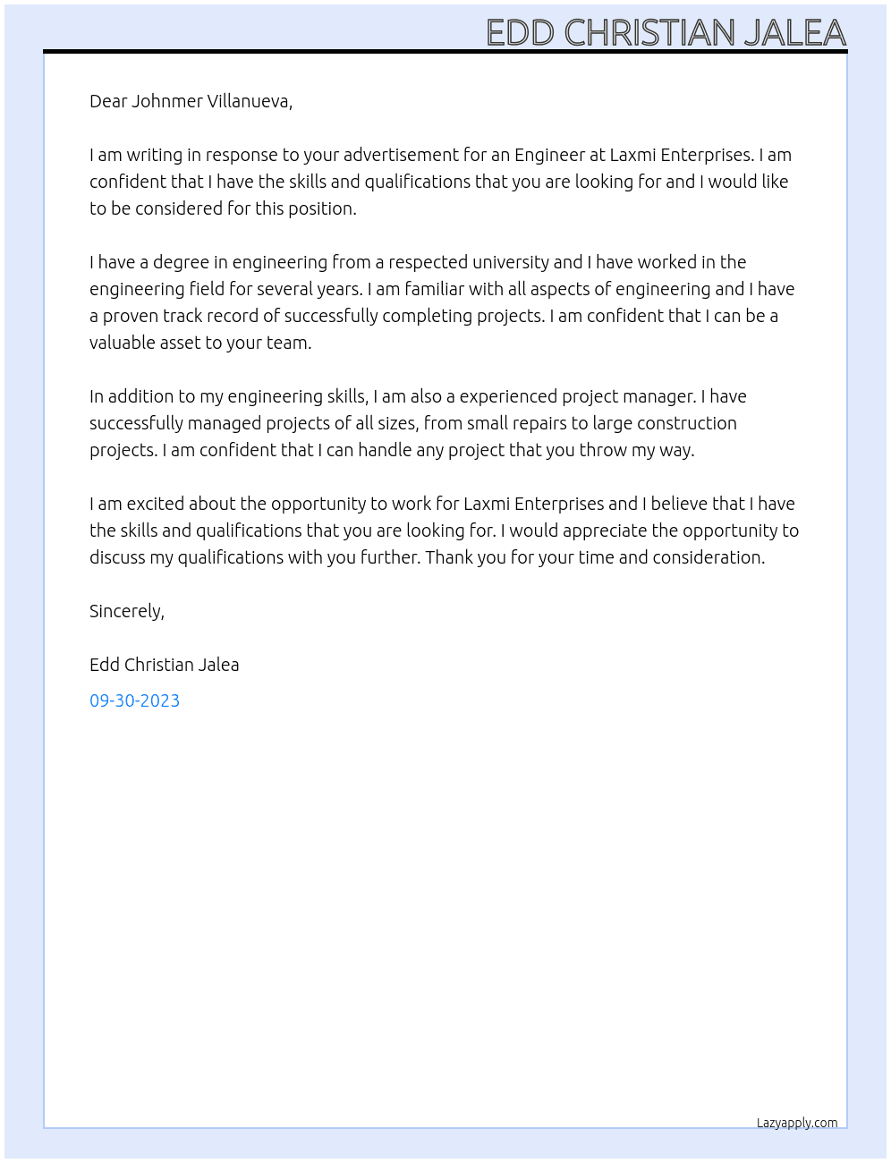 Engineer At Laxmi Enterprises Cover Letter