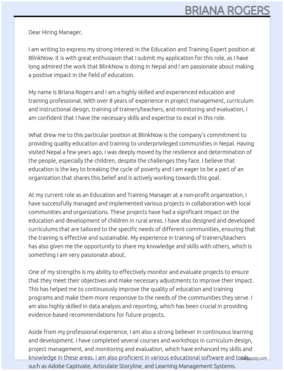 Education and Training Expert At BlinkNow Cover Letter