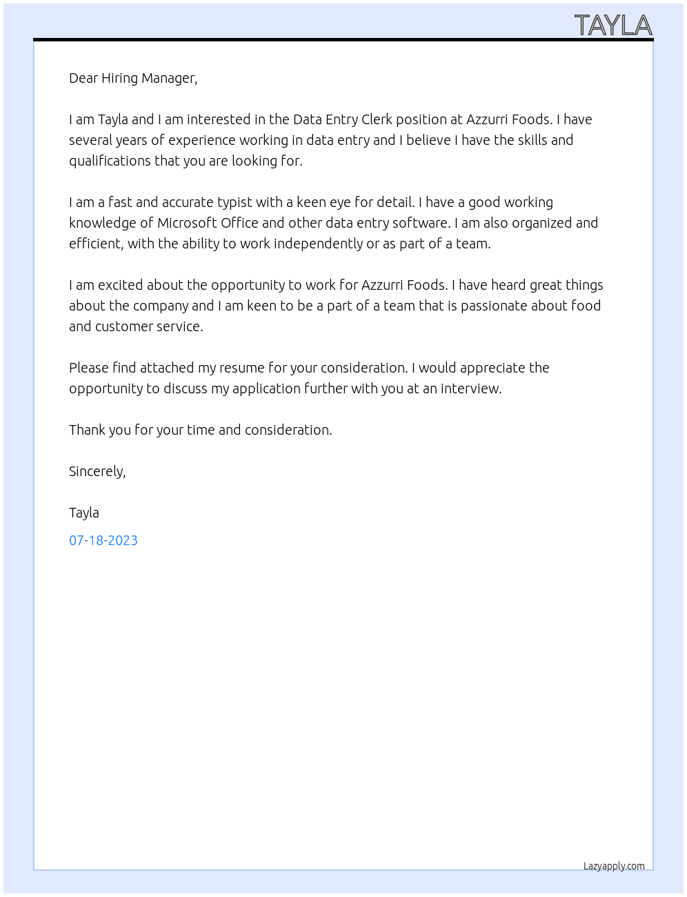 Data Entry Clerk At Azzurri Foods Cover Letter